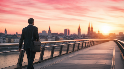 Fotorealistisch: Moderne Grenzbrücke bei Sonnenaufgang, im Hintergrund verschwommene europäische Stadtsilhouette. Im Vordergrund eine professionell gekleidete Person mit Laptop-Tasche, die über die Brücke geht. Warm-professionelle Tonalität, leichtes Rosa (#E91E63) im Himmel. Querformat 16:9.
