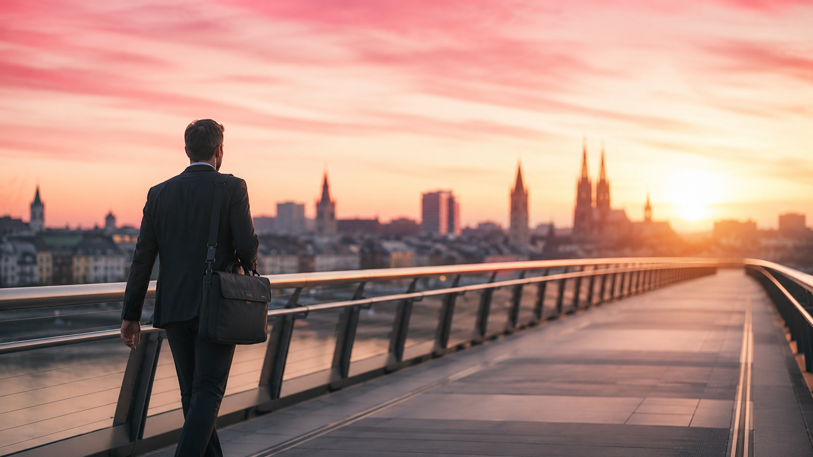 Fotorealistisch: Moderne Grenzbrücke bei Sonnenaufgang, im Hintergrund verschwommene europäische Stadtsilhouette. Im Vordergrund eine professionell gekleidete Person mit Laptop-Tasche, die über die Brücke geht. Warm-professionelle Tonalität, leichtes Rosa (#E91E63) im Himmel. Querformat 16:9.