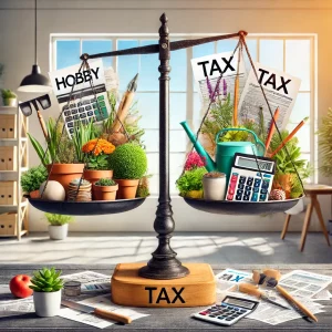 Eine Waage mit den Gegenpolen "Hobby" und "Steuern" in einem hellen, ansprechenden Umfeld