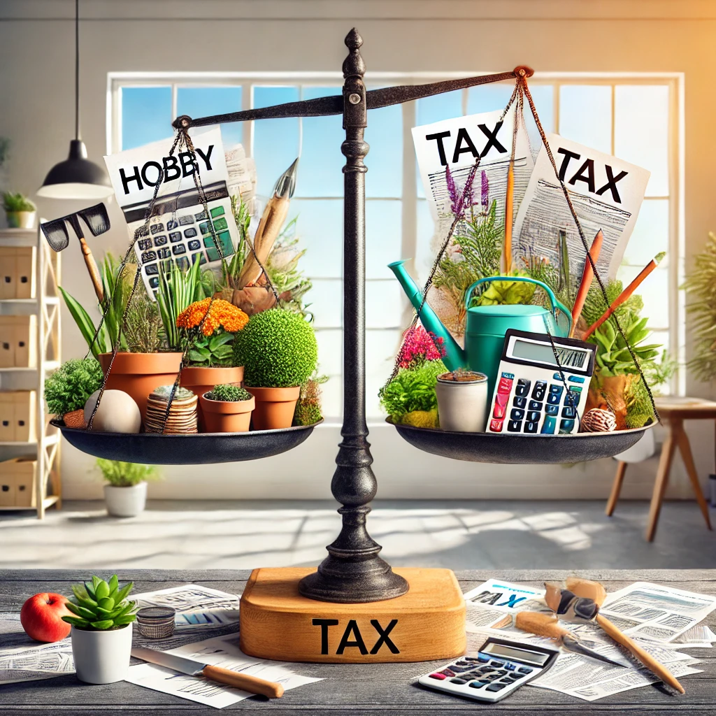 Eine Waage mit den Gegenpolen "Hobby" und "Steuern" in einem hellen, ansprechenden Umfeld